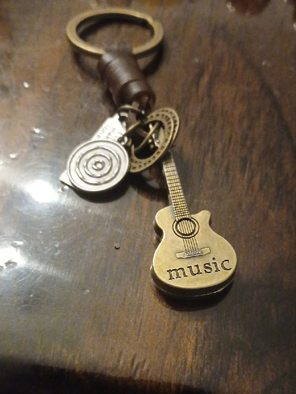 Guitar Charm Keychain with Brown Leather Strap